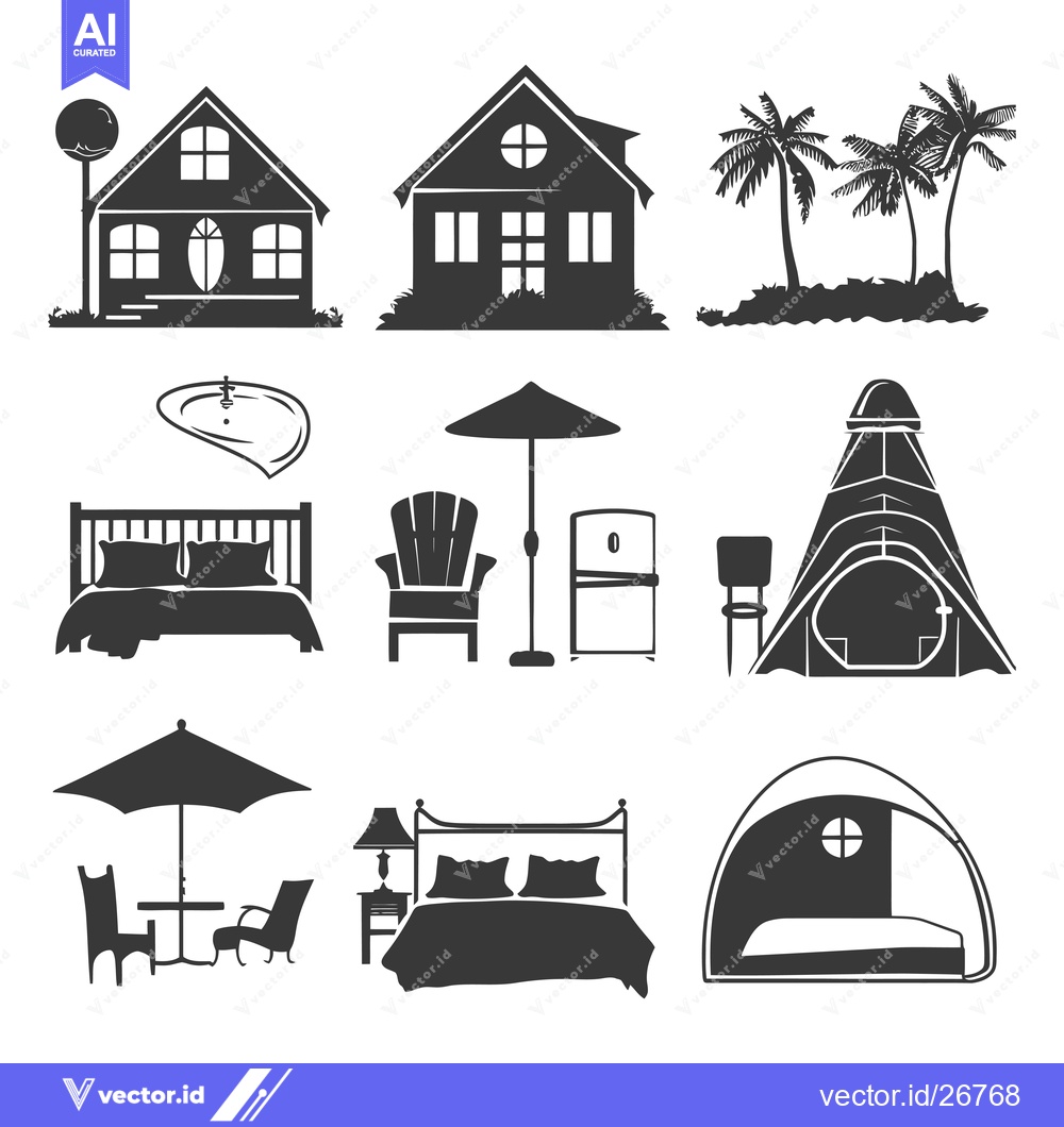 Premium Vector dari Black and White Silhouettes of Vacation Rental Amenities