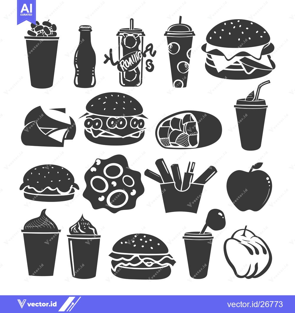 Premium Vector of Black and White Silhouettes of Various Fast Food and Drinks