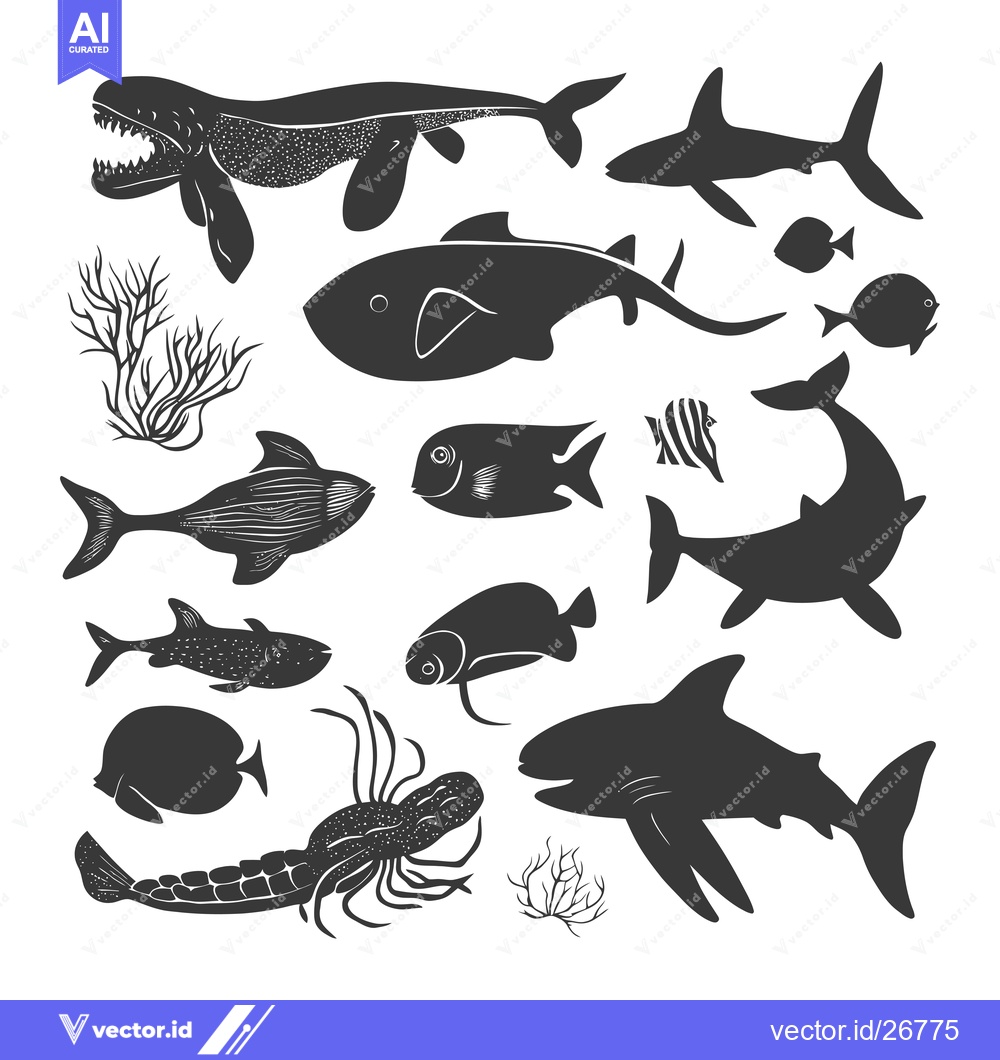 Premium Vector dari Black and White Silhouettes of Various Fish and Sea Creatures