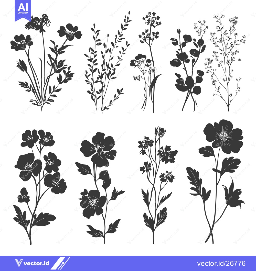 Premium Vector dari Black and White Silhouettes of Various Flowers and Foliage