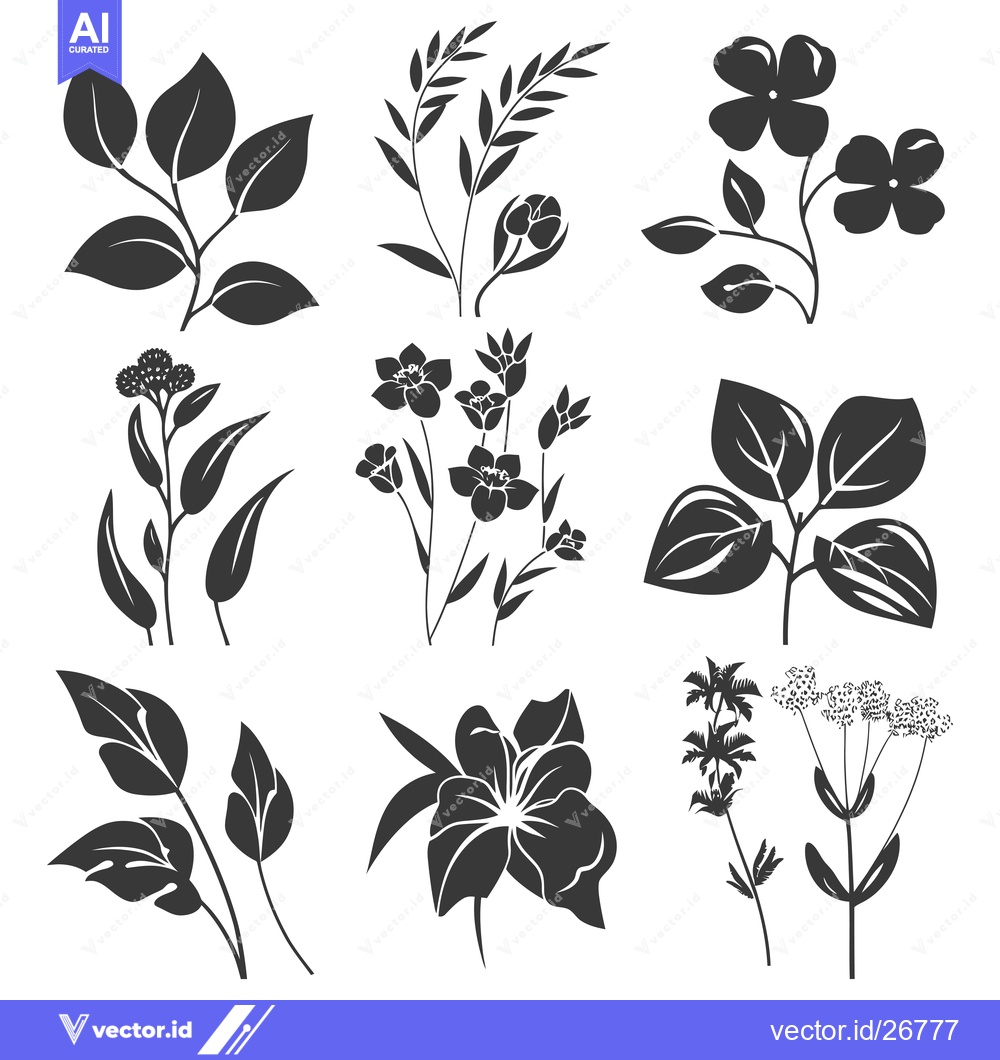 Premium Vector of Black and White Silhouettes of Various Flowers and Leaves