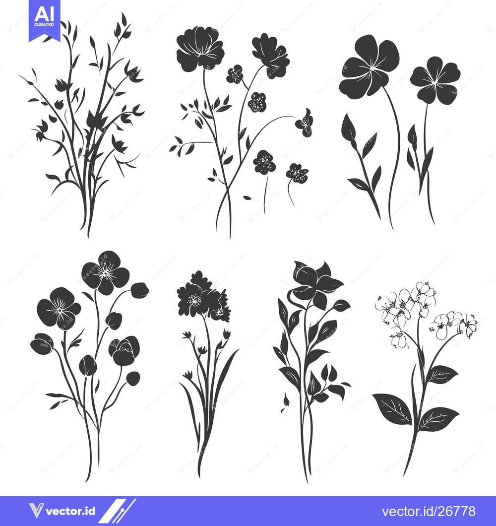 Premium Vector of Black and White Silhouettes of Various Flowers and Plants