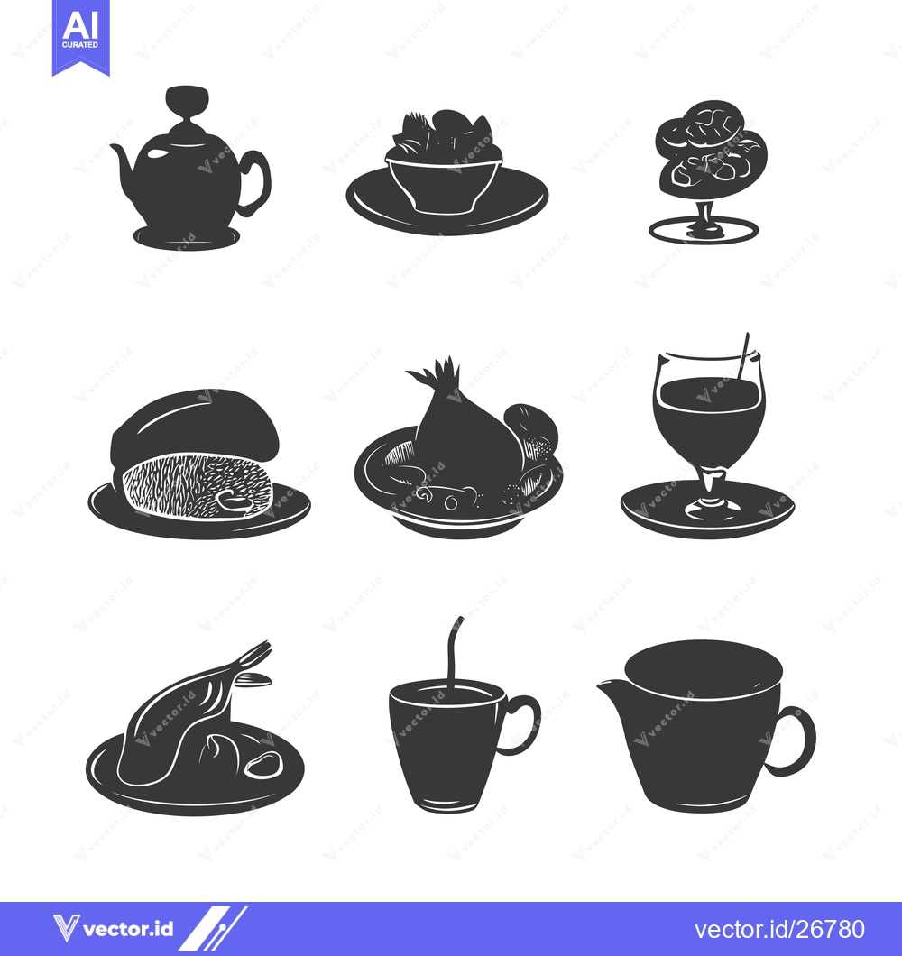 Premium Vector of Black and White Silhouettes of Various Food and Drink Items