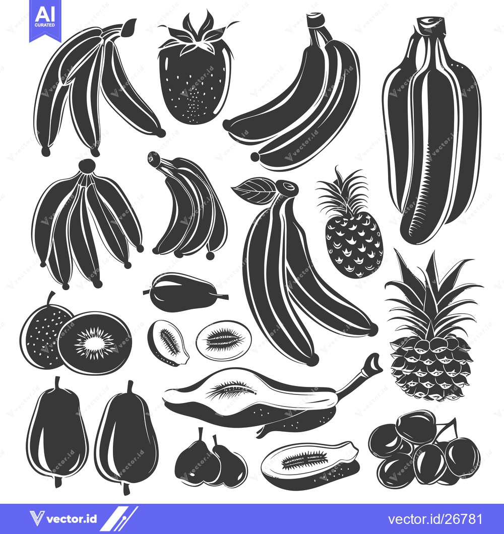 Premium Vector of Black and White Silhouettes of Various Fruits
