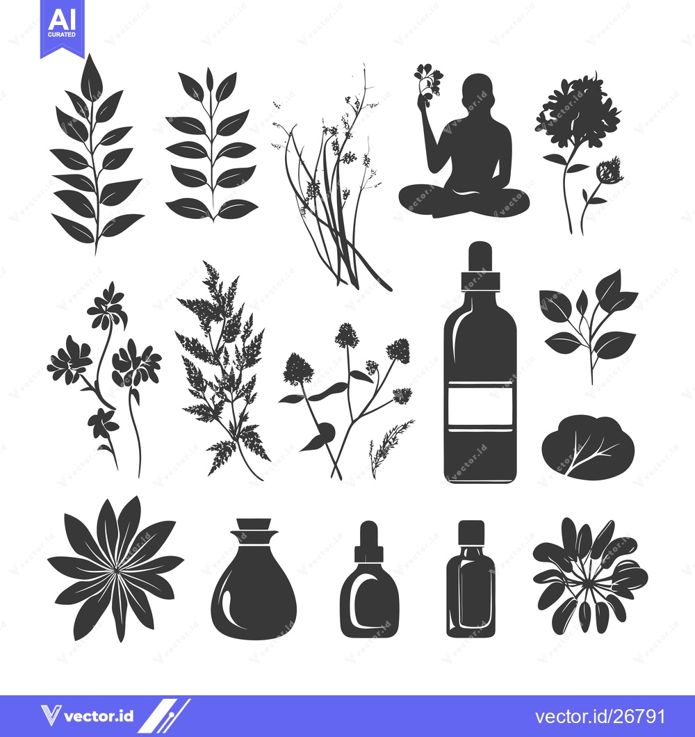Premium Vector dari Black and White Silhouettes of Various Herbs and Essential Oils