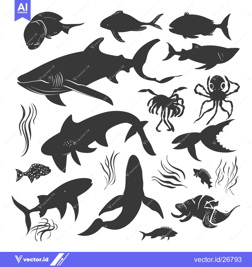 Premium Vector of Black and White Silhouettes of Various Marine Life