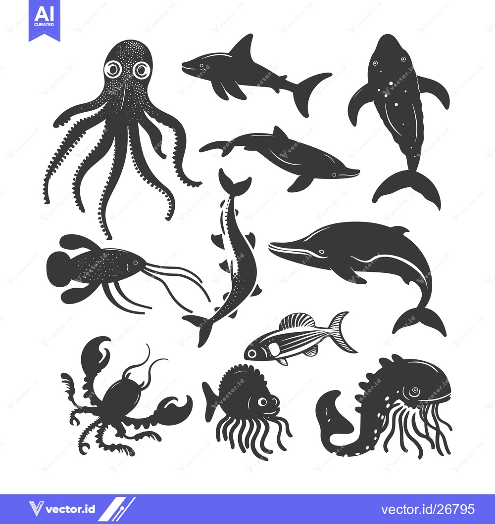 Premium Vector of Black and White Silhouettes of Various Sea Creatures