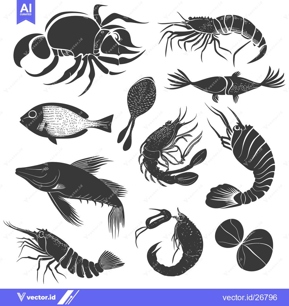 Premium Vector dari Black and White Silhouettes of Various Sea Creatures