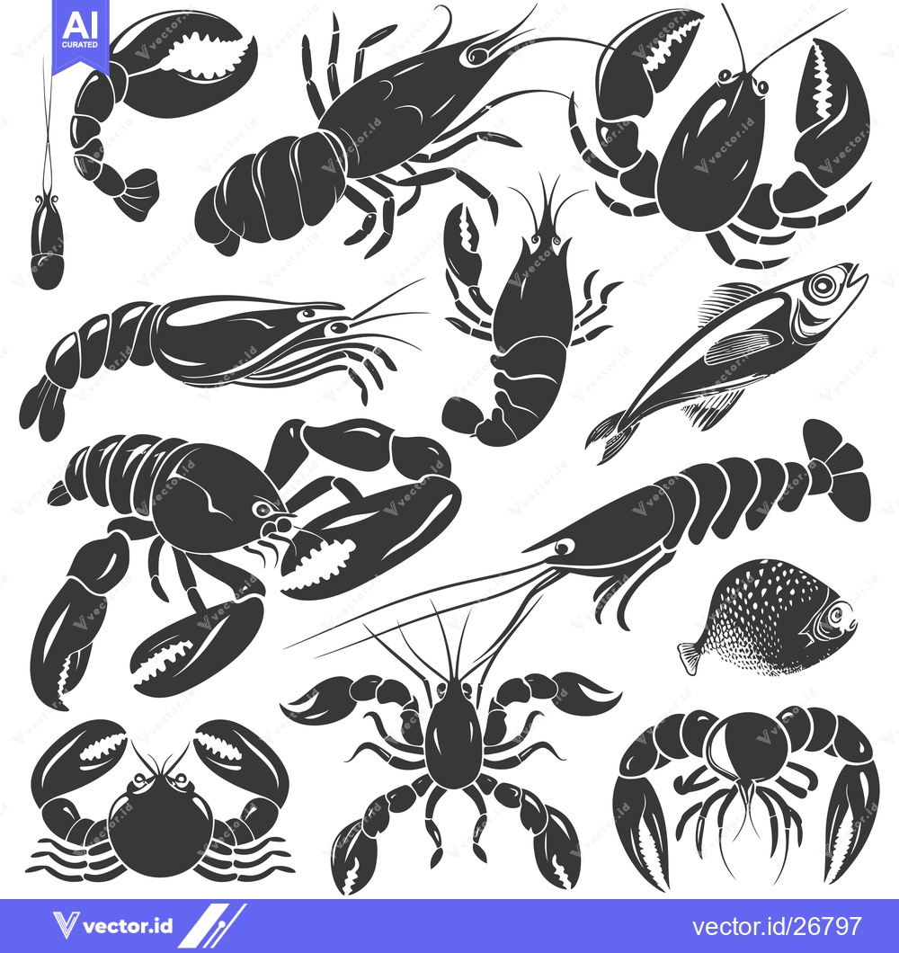Premium Vector dari Black and White Silhouettes of Various Seafood