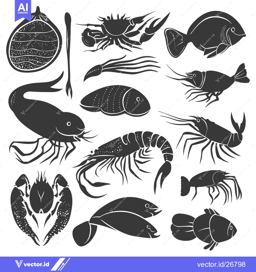 Premium Vector dari Black and White Silhouettes of Various Seafood