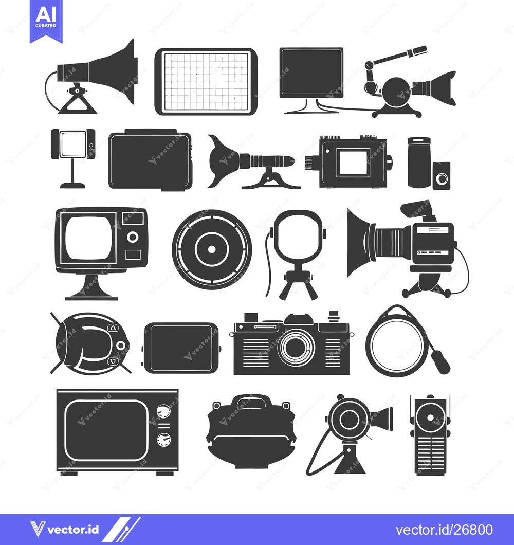 Premium Vector dari Black and White Silhouettes of Vintage Video and Audio Equipment