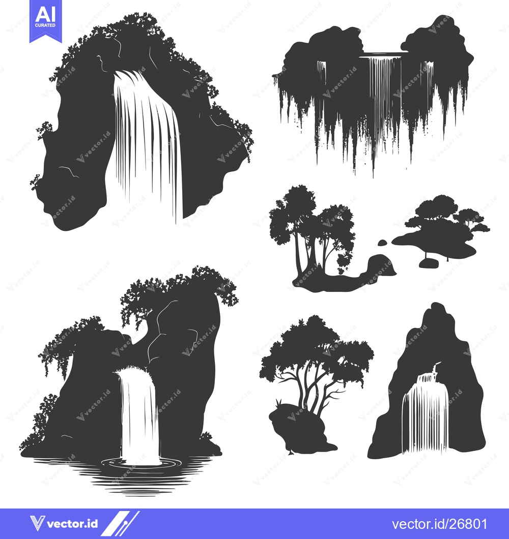 Premium Vector of Black and White Silhouettes of Waterfalls and Trees