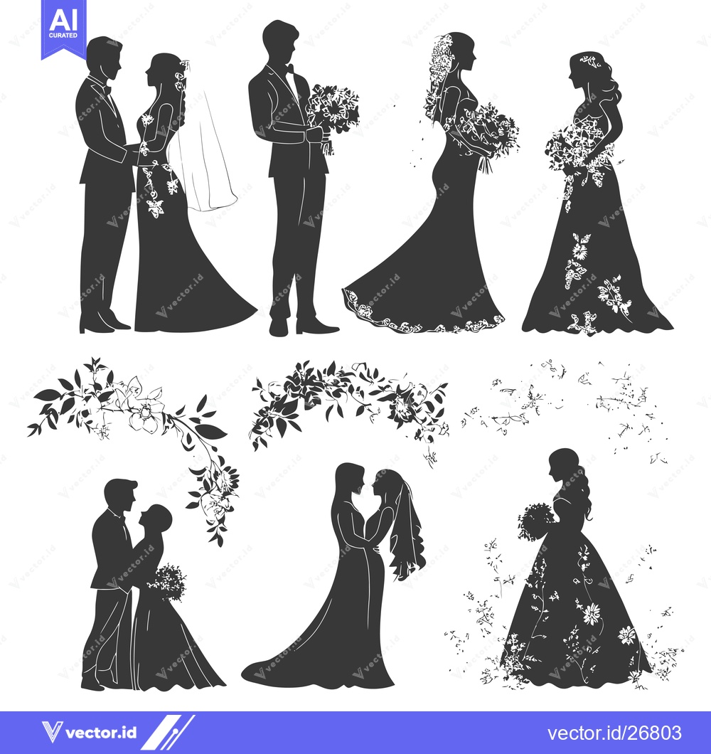 Premium Vector dari Black and White Silhouettes of Wedding Couples with Floral Decorations