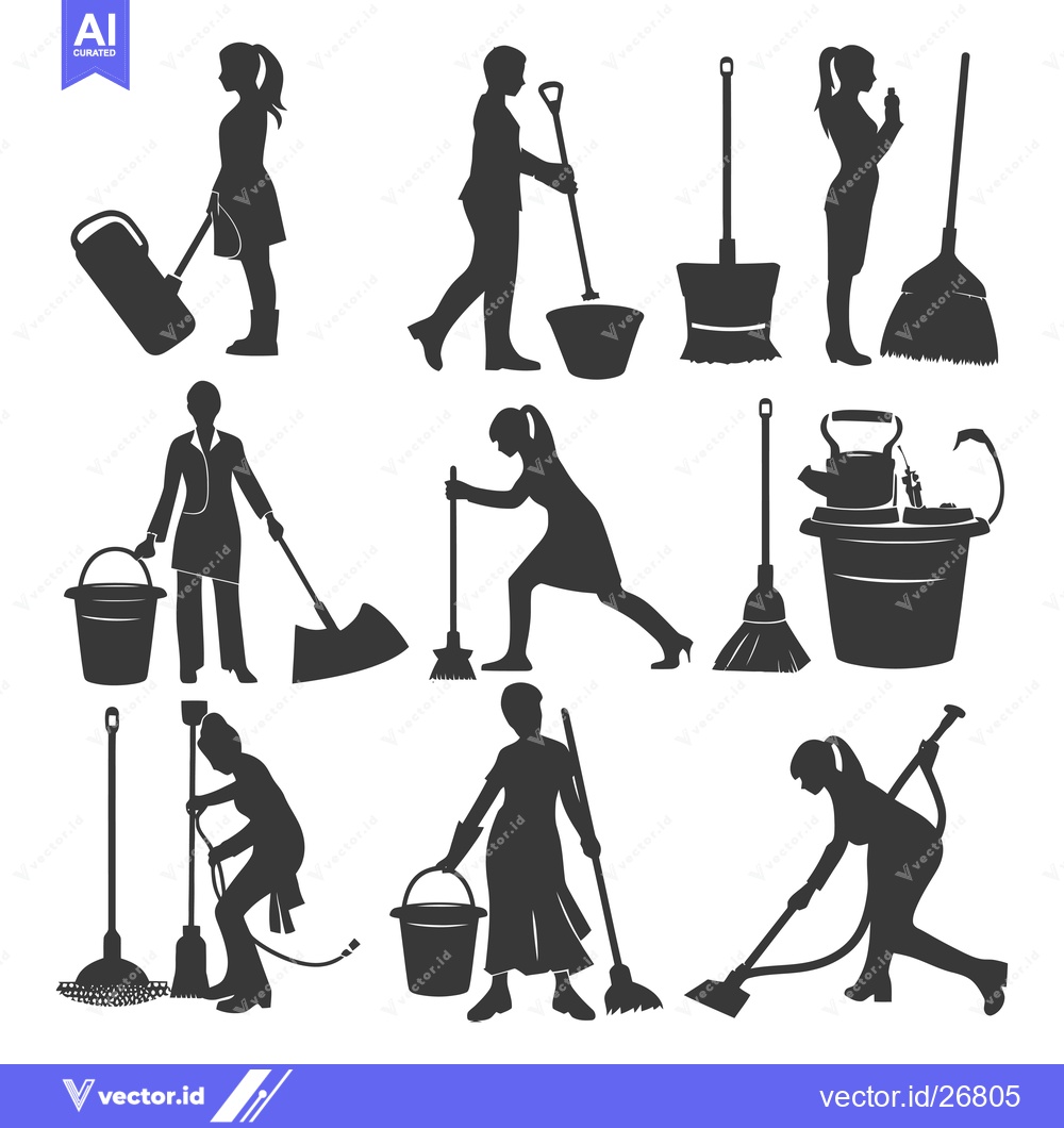 Premium Vector of Black and White Silhouettes of Women Cleaning