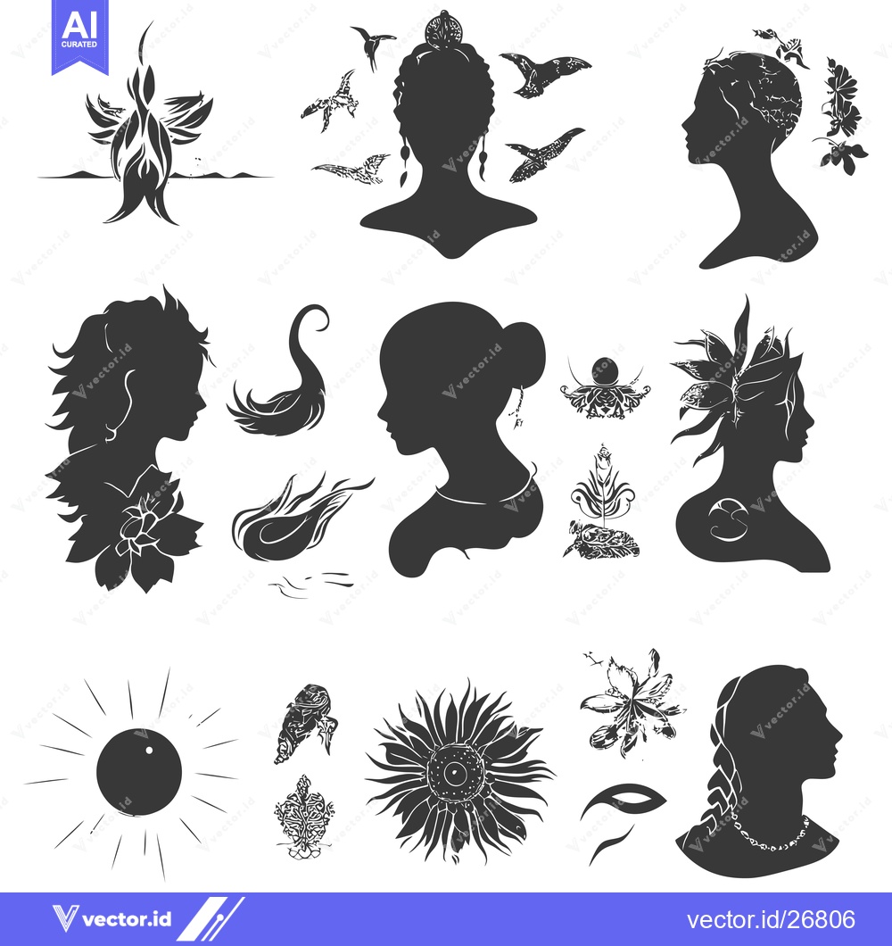 Premium Vector of Black and White Silhouettes of Women with Flowers, Birds, and Sun