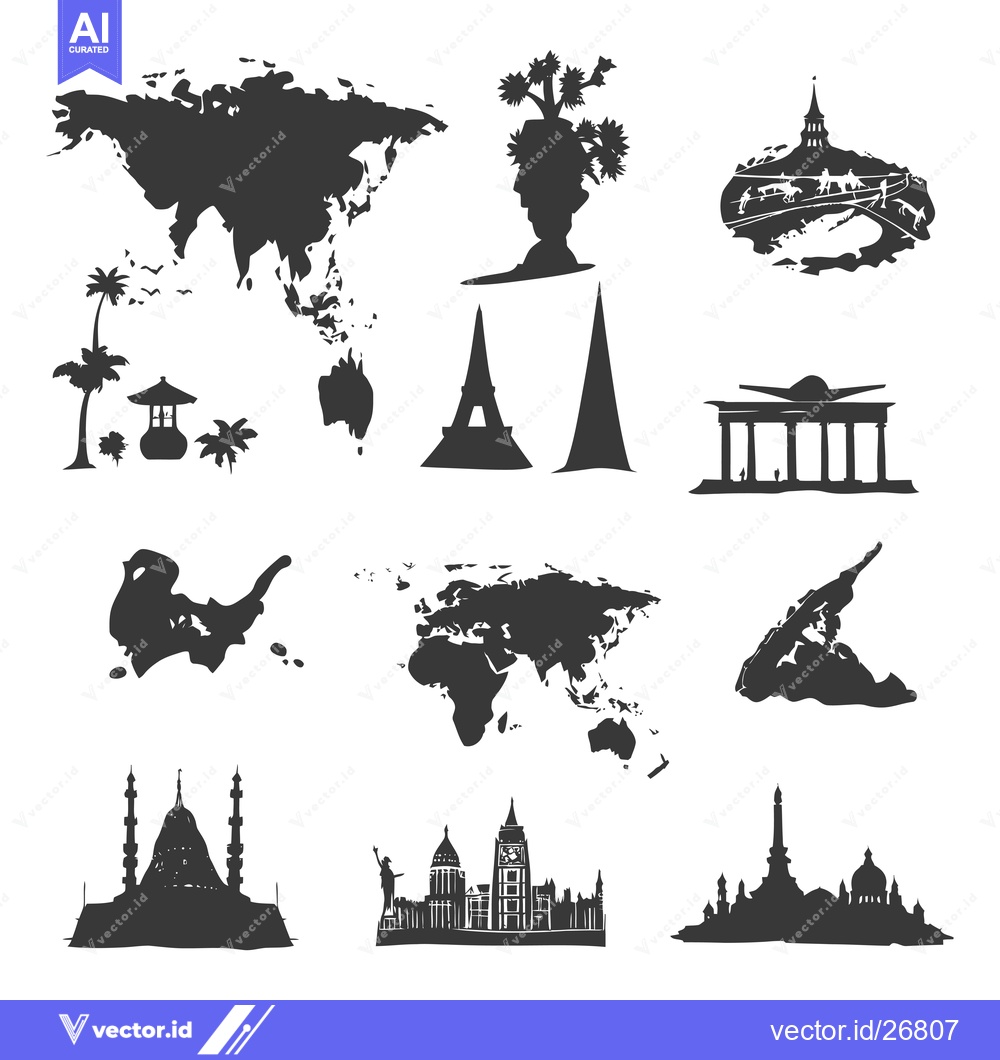 Premium Vector of Black and White Silhouettes of World Landmarks and Continents