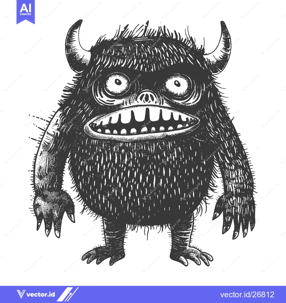 Premium Vector of Black and White Sketch of a Furry Monster with Horns and a Grin