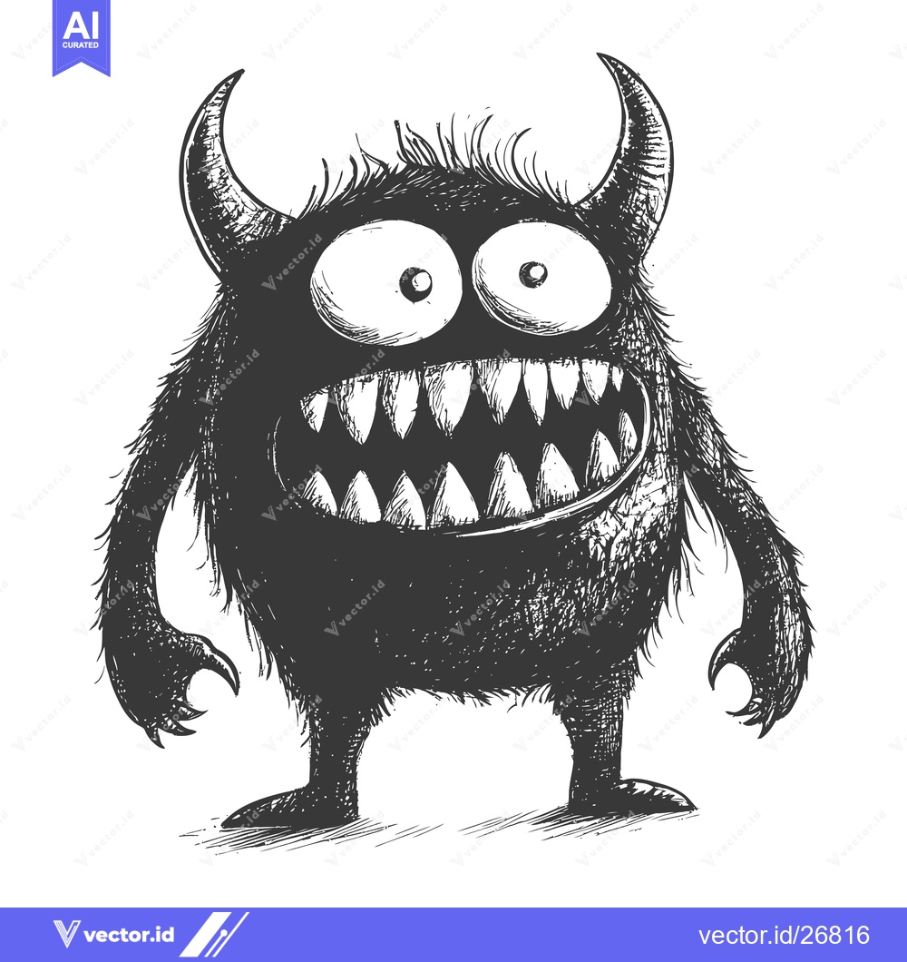 Premium Vector dari Black and White Sketch of a Smiling Monster with Horns