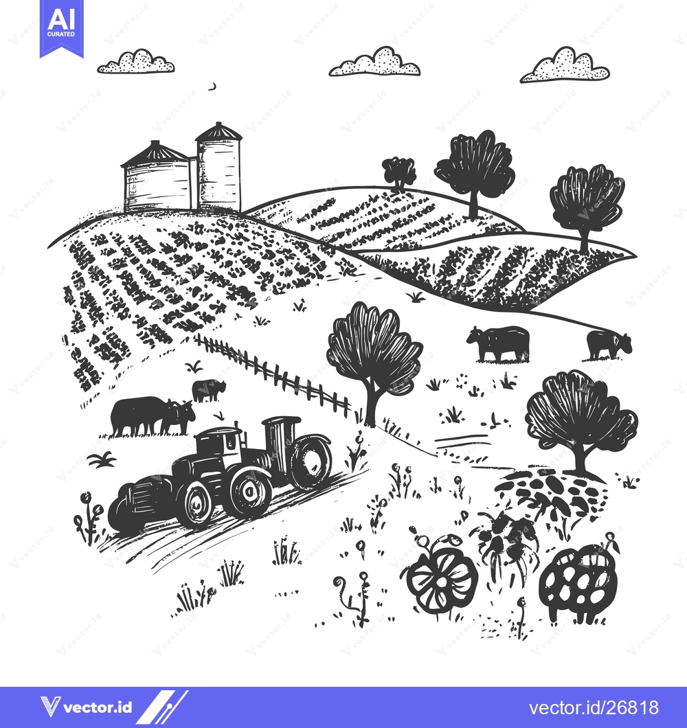 Premium Vector dari Black and white sketch of a tractor on a farm with cows and silos