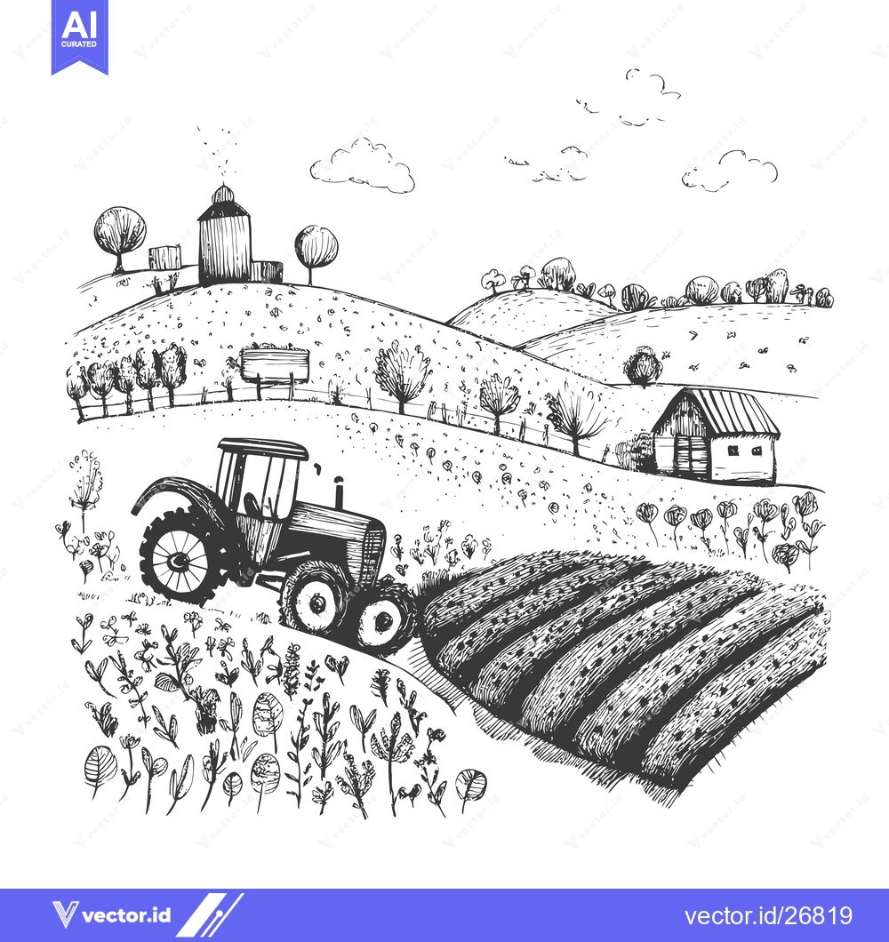 Premium Vector of Black and White Sketch of a Tractor Working in a Field