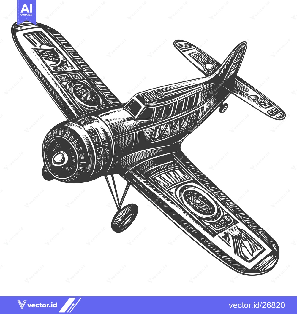 Premium Vector dari Black and White Sketch of a Vintage Airplane in Flight