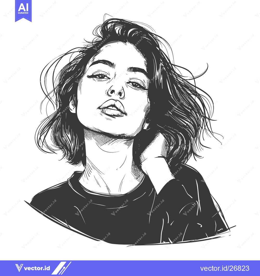 Premium Vector dari Black and White Sketch of a Woman with Short Hair
