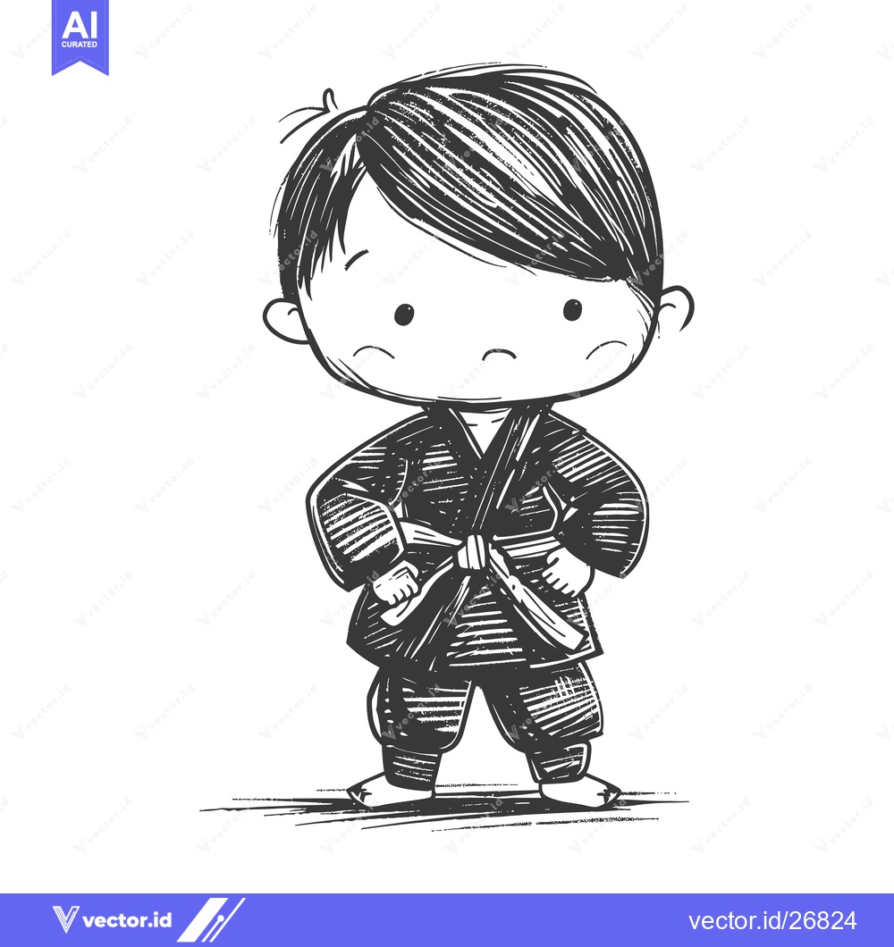 Premium Vector of Black and White Sketch of a Young Boy in a Karate Uniform