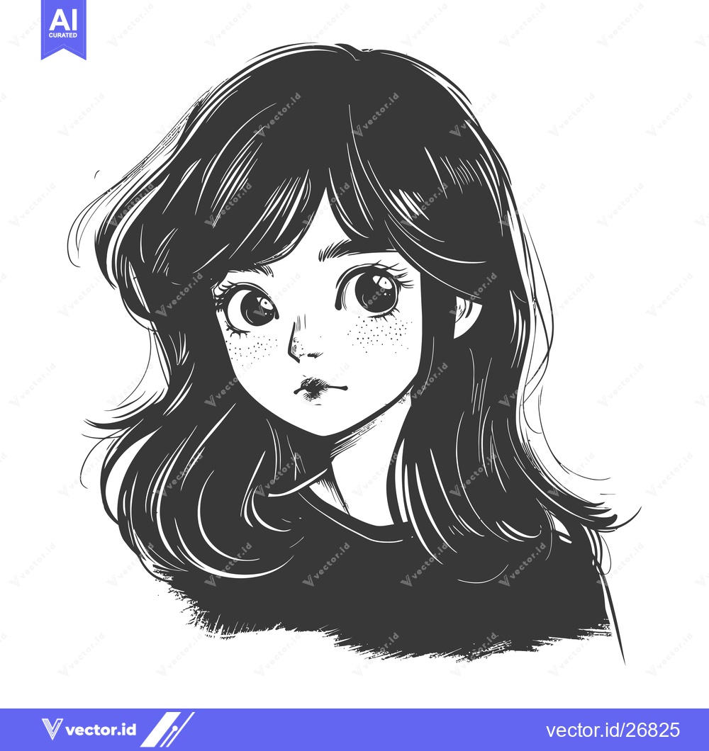 Premium Vector of Black and White Sketch of a Young Woman with Long Hair and Big Eyes