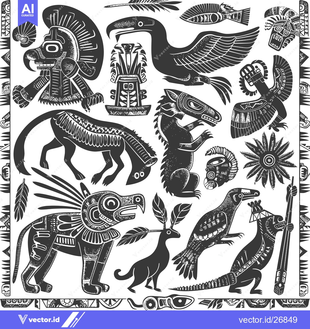 Premium Vector dari Black and White Stylized Animals and Symbols in Aztec Style