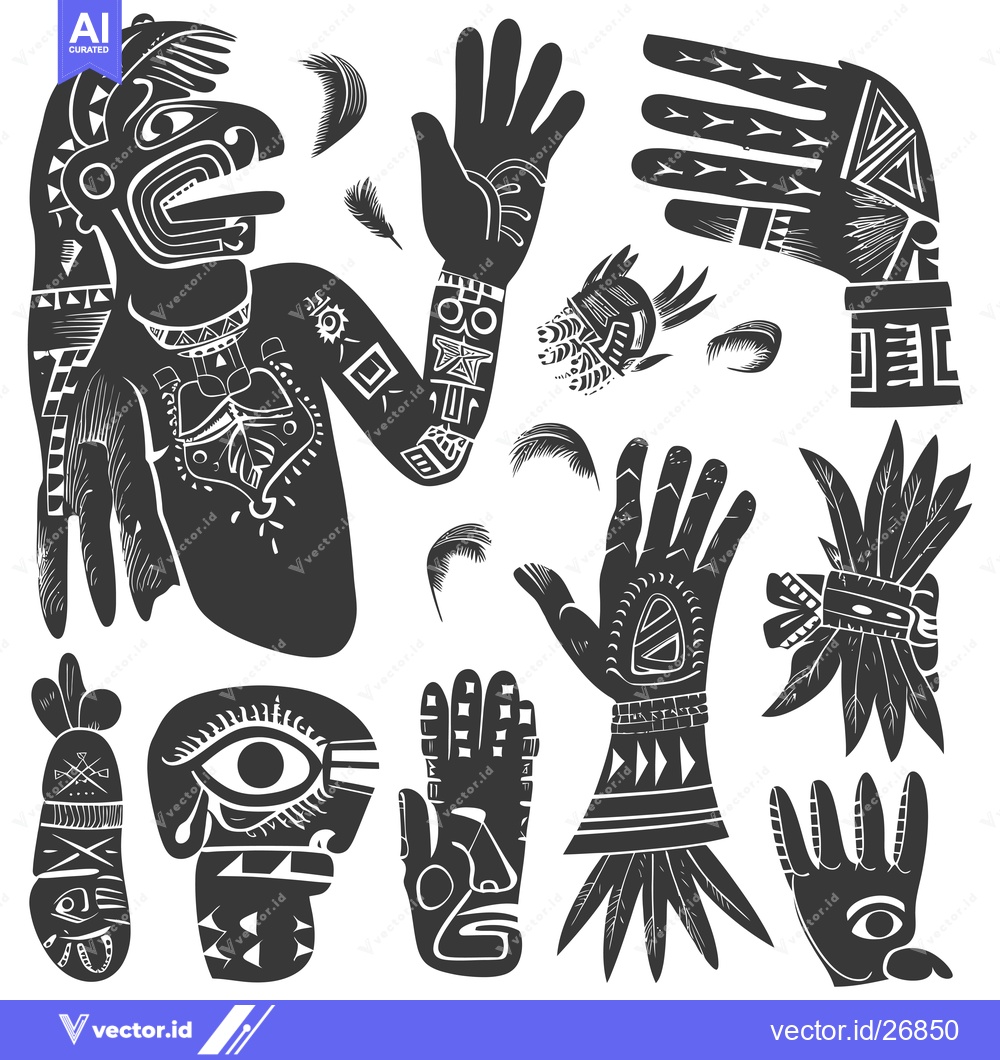 Premium Vector of Black and White Stylized Aztec Tribal Design with Feathers and Hands
