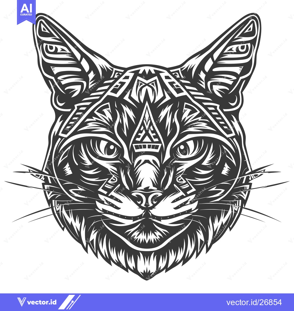 Premium Vector dari Black and White Stylized Cat Head with Geometric Patterns