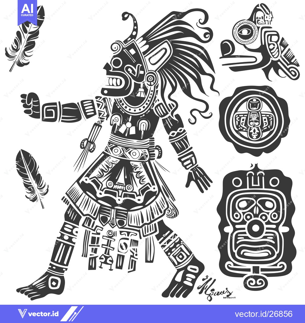 Premium Vector dari Black and White Stylized Depiction of a Mayan Deity