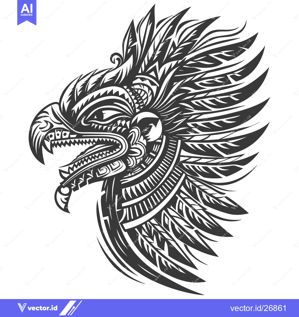 Premium Vector dari Black and White Stylized Eagle Head with Feathered Crest and Open Beak