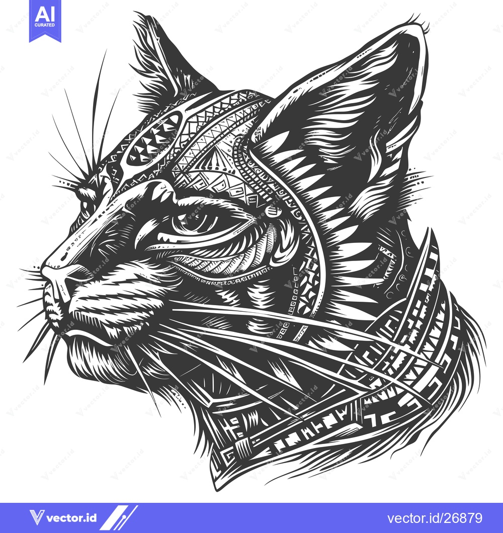 Premium Vector dari Black and White Stylized Illustration of a Cat's Head with Geometric P