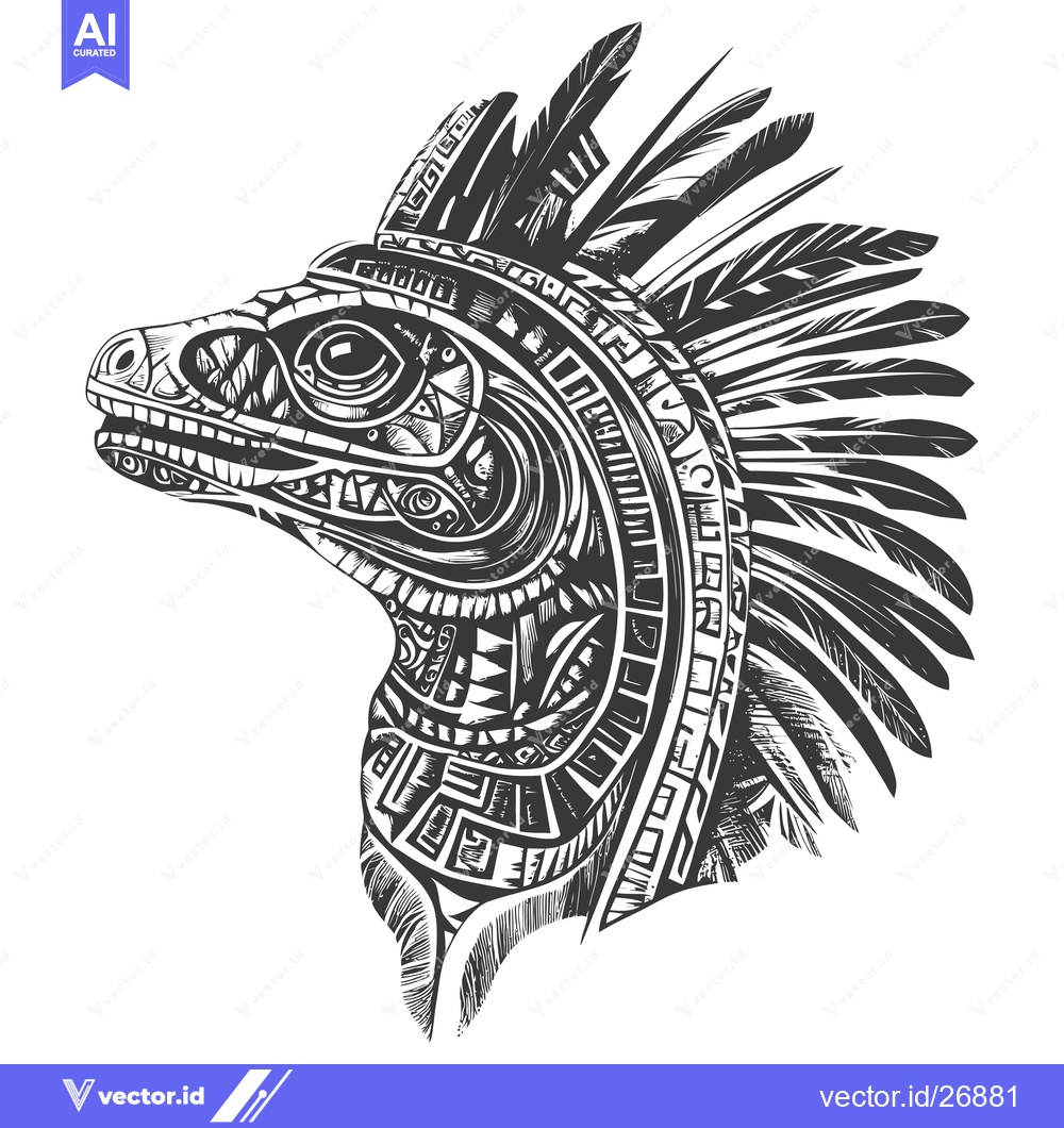 Premium Vector of Black and white stylized illustration of a feathered dinosaur head