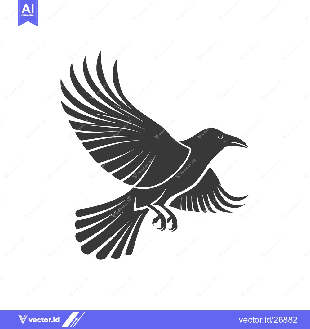 Premium Vector of Black and White Stylized Illustration of a Flying Raven