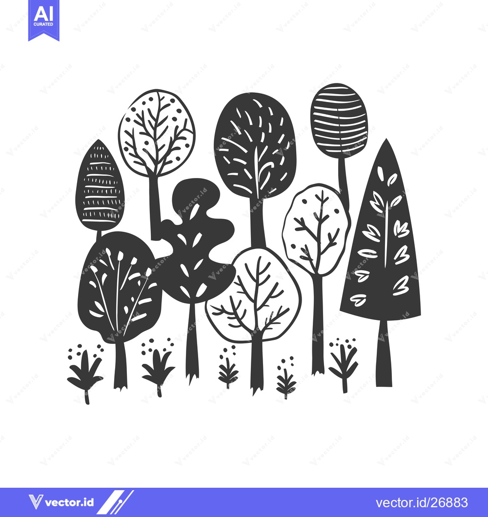Premium Vector of Black and White Stylized Illustration of a Forest