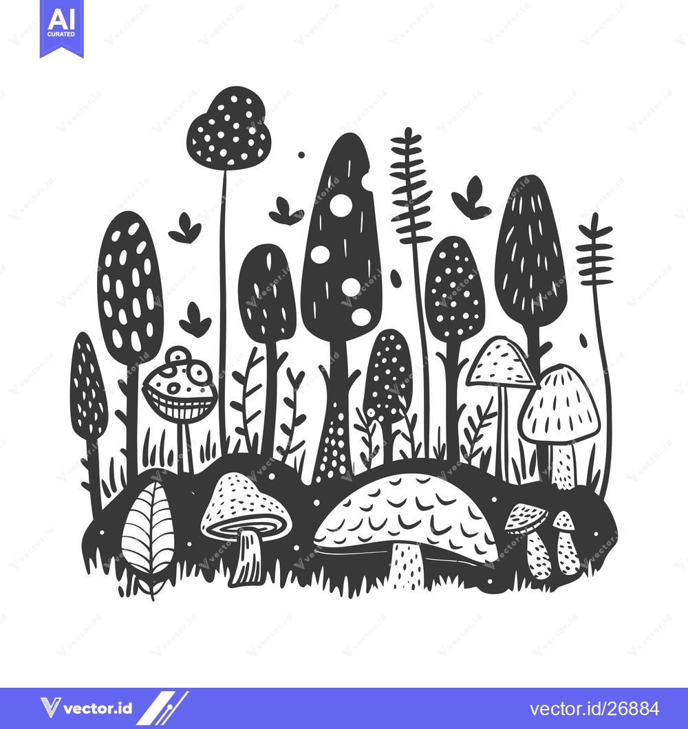 Premium Vector dari Black and White Stylized Illustration of a Forest with Mushrooms and T