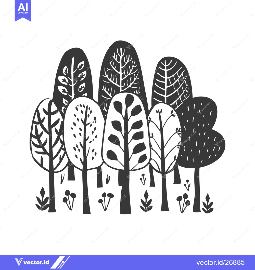Premium Vector dari Black and White Stylized Illustration of a Forest with Six Trees