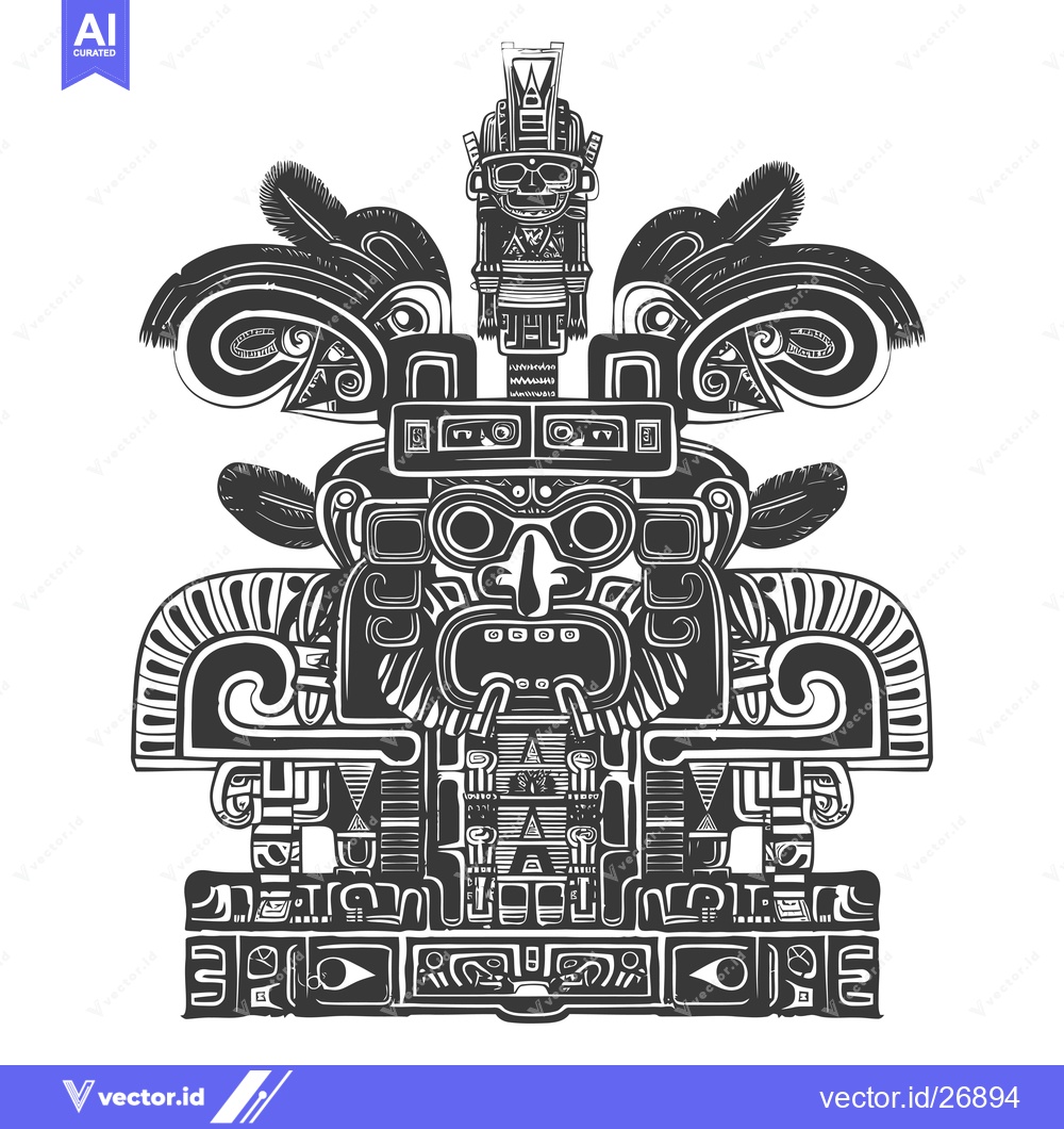 Premium Vector of Black and White Stylized Illustration of a Mayan Deity