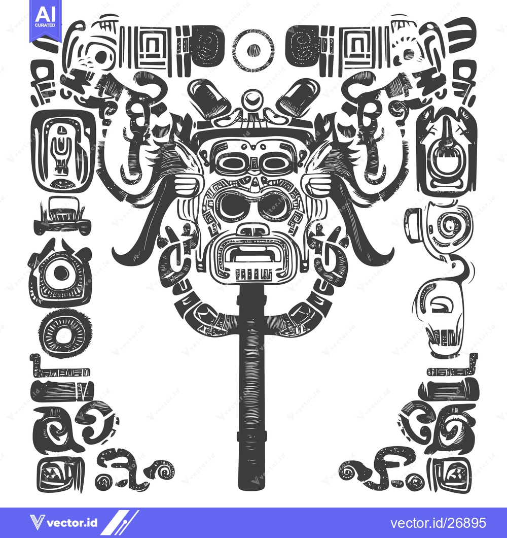 Premium Vector of Black and White Stylized Illustration of a Mayan-Style Mask