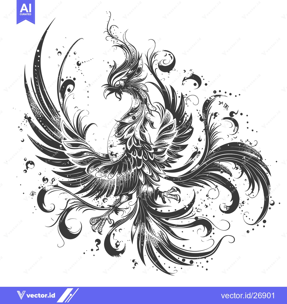Premium Vector dari Black and white stylized illustration of a phoenix with ornate feather