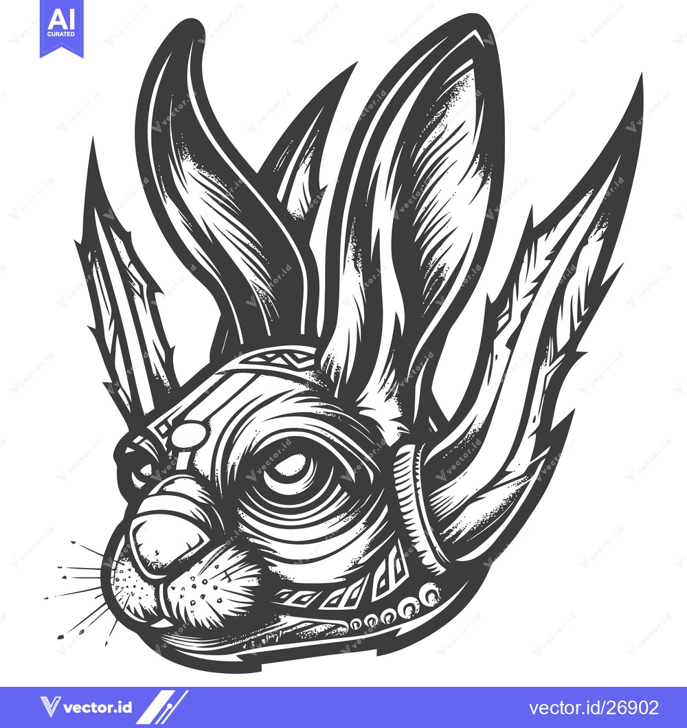 Premium Vector dari Black and White Stylized Illustration of a Rabbit's Head