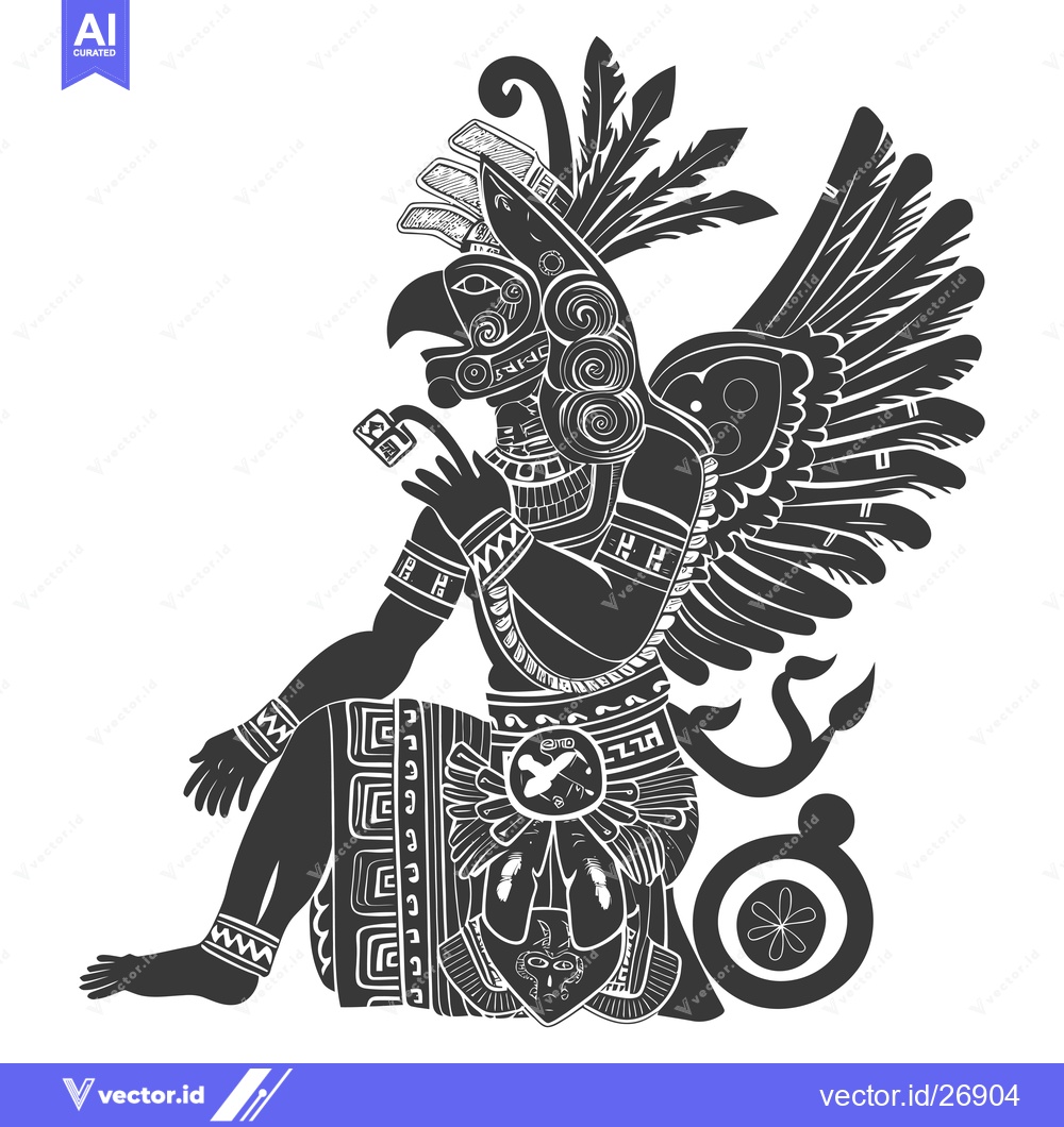 Premium Vector dari Black and White Stylized Illustration of a Seated Eagle Figure with Fe