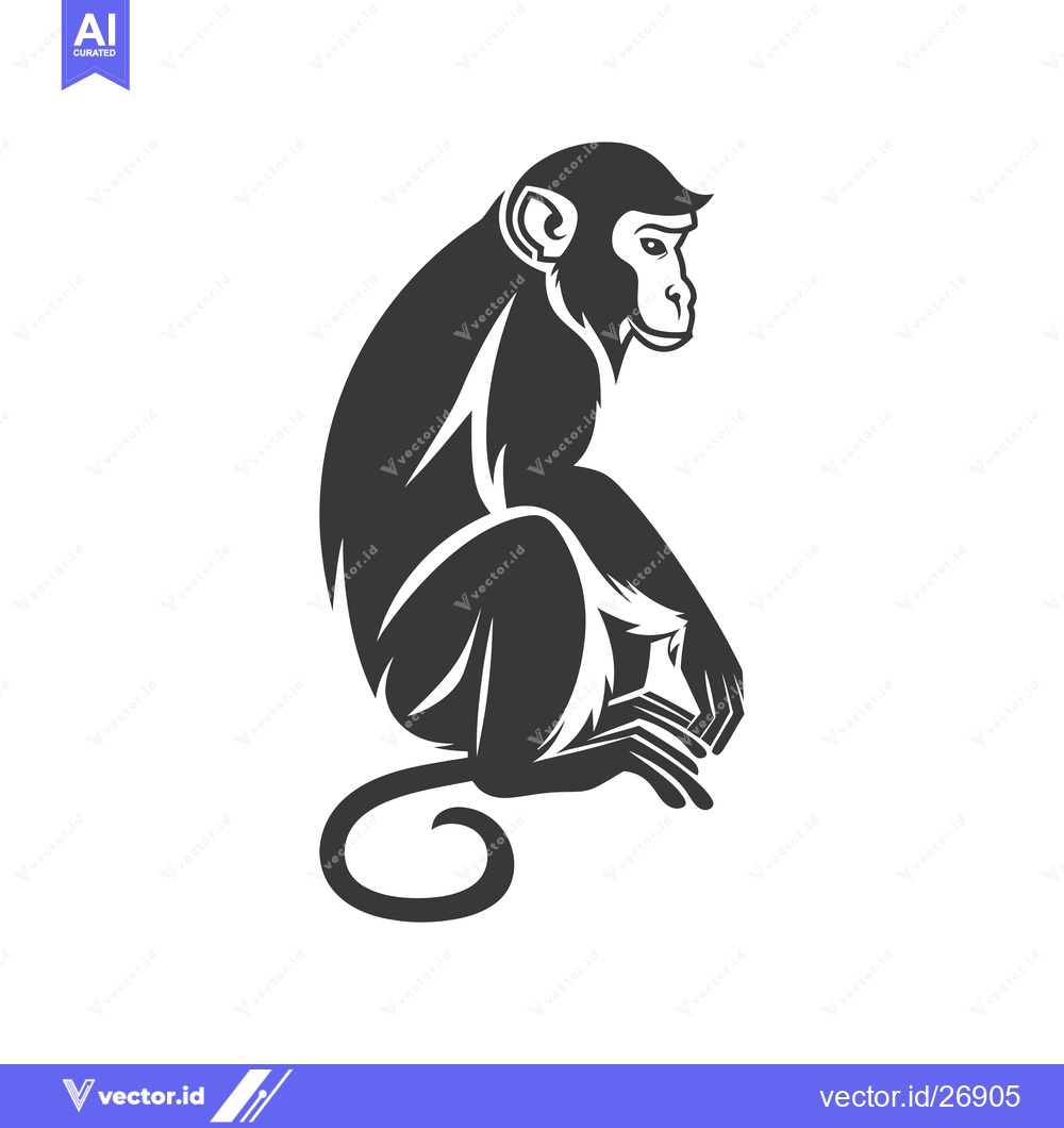 Premium Vector of Black and White Stylized Illustration of a Sitting Monkey
