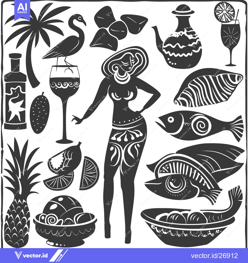 Premium Vector of Black and White Stylized Illustration of Tropical Paradise Elements