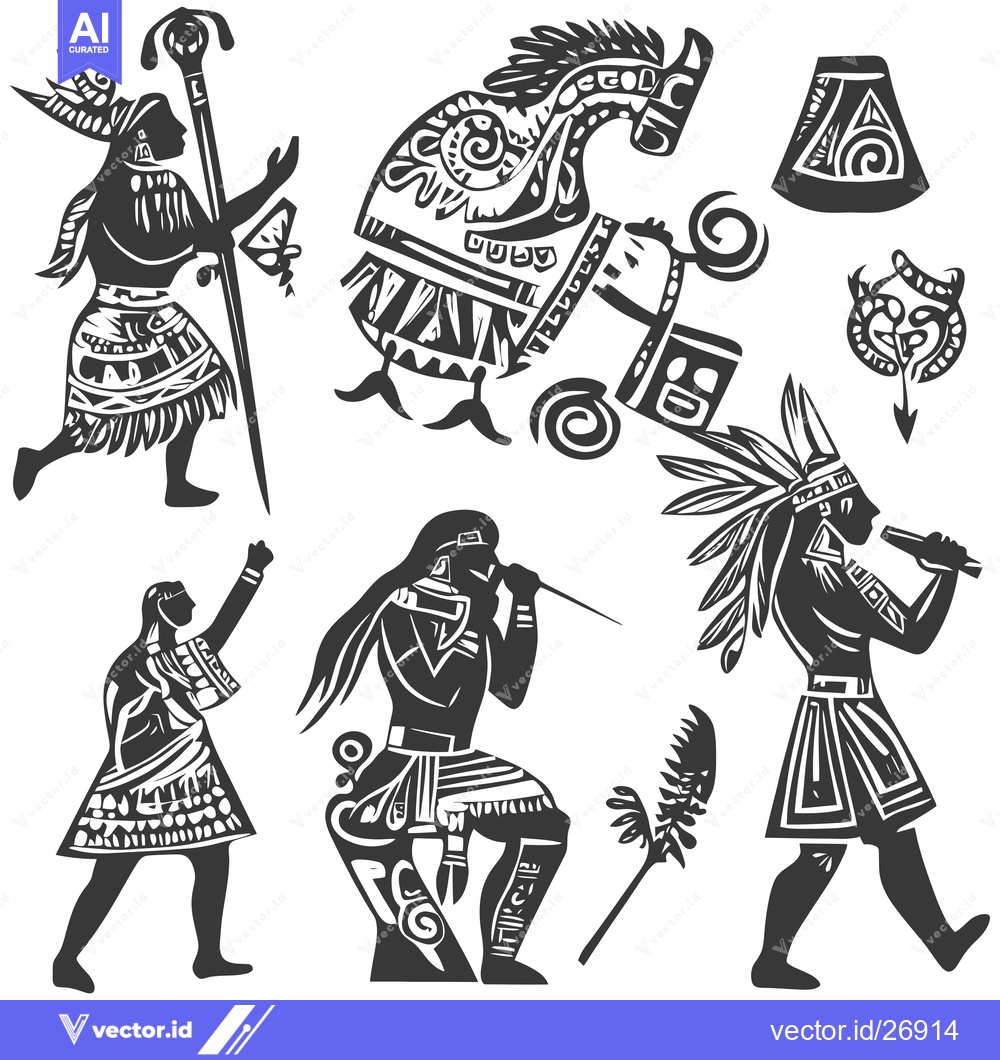 Premium Vector dari Black and White Stylized Illustrations of Indigenous People and Object