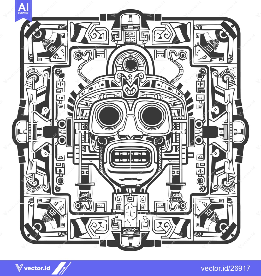 Premium Vector of Black and White Stylized Mayan Deity Mask Illustration