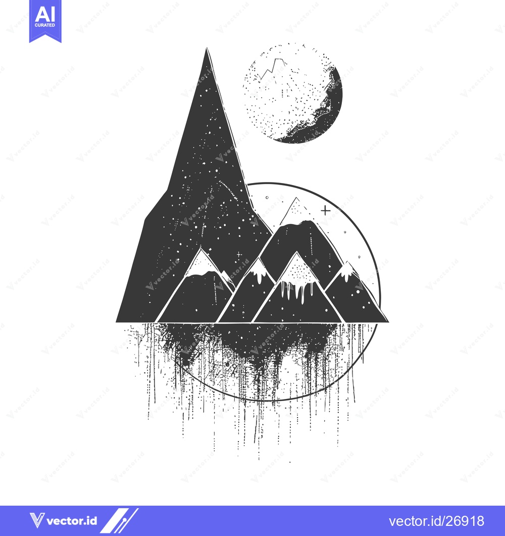 Premium Vector dari Black and White Stylized Mountain Landscape with a Moon