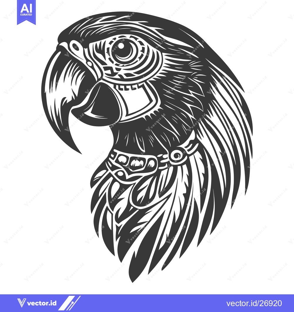 Premium Vector of Black and White Stylized Parrot Head with Intricate Details
